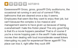 Illustration for article titled 'Fresh Vomit on the Seats': Very Grim Yelp Reviews of Movie Theaters